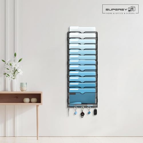 SUPEASY 13-Tier Wall File Holder Organizer with Hooks, Mesh Hanging File Organizer, Mail Organizer Wall Mounted for Papers, Folders, Office Magazine Rack, Assembly Needed, Black 2 pack