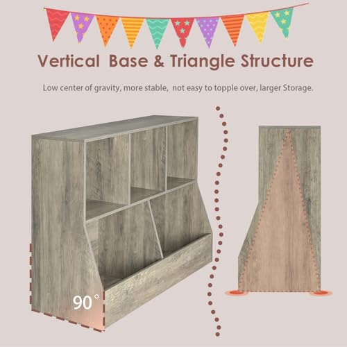 DINZI LVJ Toy Storage Organizer, Kids Bookshelf, Wood Toy Storage Cabinet, 5 Cubby Children Bookcase, 39.4" L Toddler Book Shelf for Playroom, Living Room, Nursery, Hallway, School, Gray Wash - color: Gray Wash, size: 2-Tier 39.4"