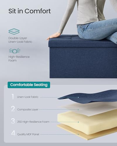 SONGMICS MAZIE Collection - 43 Inches Folding Storage Ottoman Bench, Ottoman Foot Rest, End of Bed Bench, Storage Chest, Load 660 lb, for Living Room, Bedroom, Entryway, Midnight Blue ULSF77IN - color: Midnight Blue, size: 15"D x 43"W x 15"H