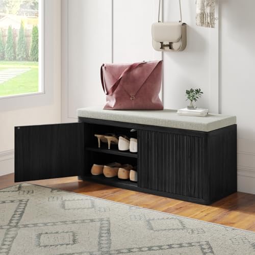 Shoe Cabinet Bench with Cushion,Double Layered Wooden Shoe Bench with Soft Cushion,Shoe Rack for Entryway,Bedroom,Living Room (Black Sturdy Shoe Storage Bench) - color: Black Sturdy Shoe Storage Bench