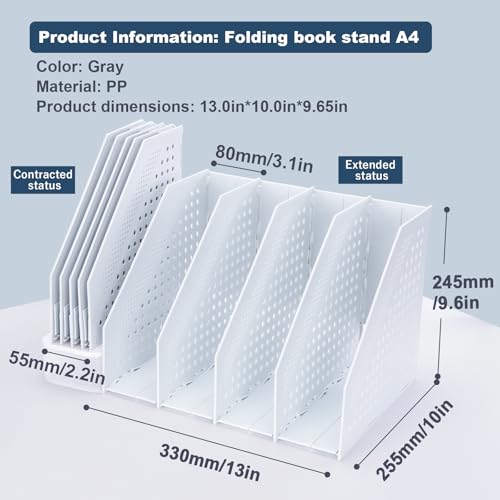 FRETONBA Collapsible Magazine File Holder with 4 Vertical Compartments Foldable Binder Holder for Desk Binder Storage Organizer Plastic Magazine Holders for Shelf, Light Gray - color: Light Grey, size: 4 Compartments - 1Pcs