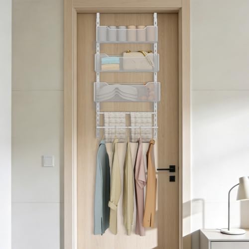 VyGrow Over the Door Storage Organizer with 3 Tier Mesh Baskets 2 Hanging Rods, 2 Mounting Options, Heavy Duty Clothes Hanger & Towel Rack for Bathroom Bedroom Office, White - color: White
