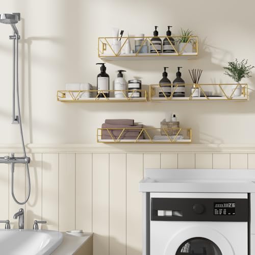 Amaoot Floating Shelves Set of 3, Home Wood Wall Shelf, Farmhouse Shelf for Bedroom, Wall Mounted Floating Shelf for Living Room, Bedroom, Bathroom, Kitchen, Office (Gold-4pcs) - color: Gold-4pcs
