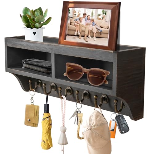 Key Holder Wall Mount - Mail Organizer Wall Mount with 6 Key Hooks and Storage Box for Sunglasses Storage and Dog Leash Holder Home Decor Rack Apartment Farmhouse Shelf Entryway Organizer (Black) - color: Black