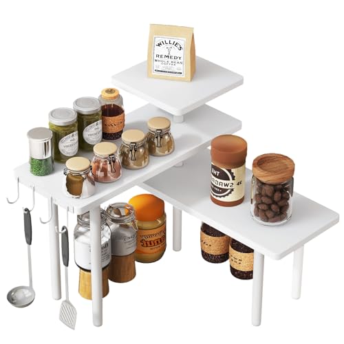 IBUYKE Countertop Organizer,3-Tier Spice Racks,Kitchen Counter Corner Shelf,4 Side Hooks,Adjustable Countertop Shelf for Kitchen, Bathroom, Coffee Bar, Cabinet, Desk,White,TLJ023W - color: White, size: 1 pack (Improved)