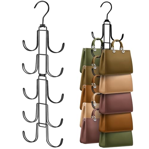 Purse Organizer for Closet, Upgraded Purse Hanger with 10 Big Hooks, 360 Degree Rotation for Better Organizer and Display, Collapsible Space Saving Hangers Rack for Handbag, Scarve, Tie, Black - color: Black, size: 1