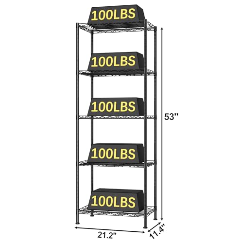 HOMEFORT 5-Shelving Unit, Adjustable Wire Shelving, Metal Wire Shelf Rack Organizer for Kitchen, Pantry, Closet, Bathroom, Laundry, Black,21" W x 11" D x 53" H - color: Black, size: 21"W x 11"D x 53"H