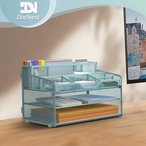 Docnest 3 Tier Mesh Desk Organizer for Paper Office Supplies – Multi-Functional Letter Tray with 5 Adjustable Compartments, 3 Pen Holders, Desktop Storage for Files, Mail, Stationery – Blue - color: Blue, size: 12.7" x 9.1" x 8.6"