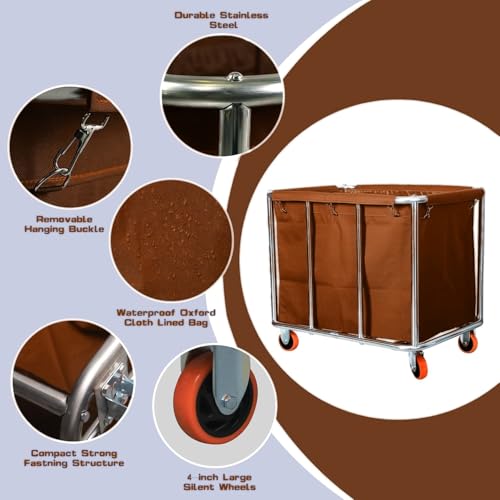 Commercial Laundry Cart with Wheels, 400L Large Capacity Heavy Duty Stainless Laundry Basket,Laundry Sorter for Clothes Storage,330 lbs Load (Brown) - color: Brown