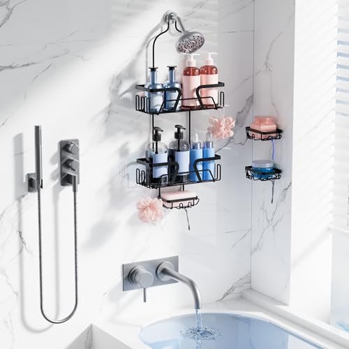 KEGII EXTRA Soap Holders x2 Shower Caddy Hanging, Never Rust Over Showerhead Organizer, Built in 9 Shaver Hanging hooks - style: Hanging Shower Caddy-5 Pack (Black)