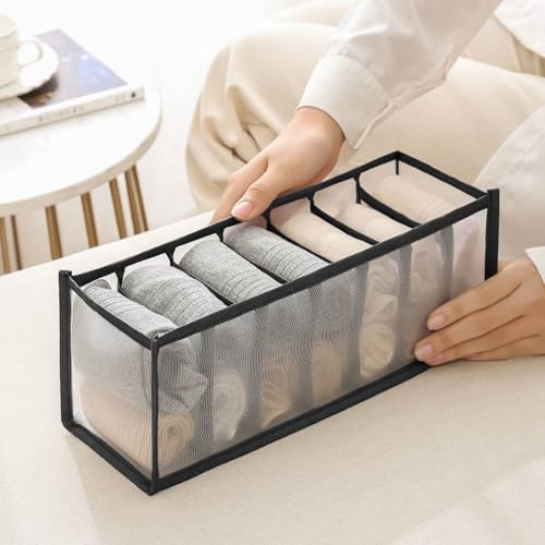 7-Compartment Underwear Storage Box with Breathable Nylon Mesh, Foldable Drawer Organizer for Socks, Lingerie, and Small Clothing Items - color: Black, size: 7 Cell