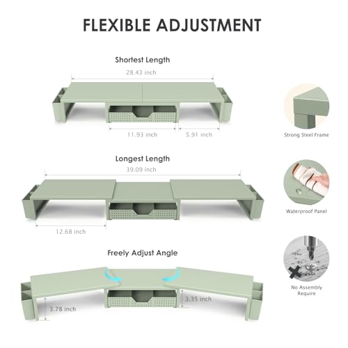 OPNICE Desk Organizers and Accessories, Dual Monitor Stand Riser with Drawer and 2 Pen Holders, Desk Shelf Metal Computer Monitor Stand for Office Workspace Organizers, Desktop Organization (Green Metal) - color: Green Metal, size: With drawer and pen hol