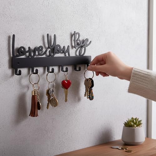 Key Holder Wall Mount, Large 'Love You.Bye' Entryway Organizer with 5 Hooks,Black Metal Key Hanger —No Drill Adhesive for Home Wall Decor（Type 2）