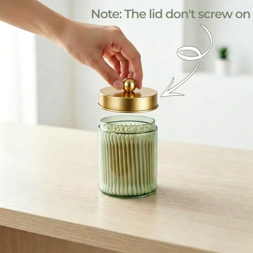 Amolliar 4 Pack Apothecary Jars Bathroom Vanity Storage Organizer Set -Countertop Canister with Stainless Steel Lids &Stickers Qtip Dispenser Holder for Cotton Swab (Green-golden Lid) - color: Green-Gold Lid P1