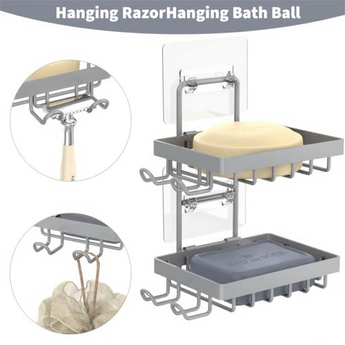 Moforoco Grey Double Soap Bar Holder for Shower, No Drilling, 304 Rustproof Stainless Steel, Wall Mounted Soap Holder with 4 Hooks and Razor Holder, Shower Rack Soap Tray Bar Soap for Bathroom - color: Grey, size: 2-T