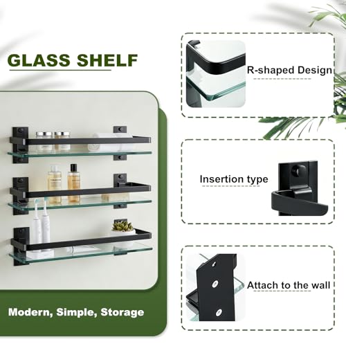 AIJALY 2 Pack Bathroom Glass Shelf, 15.7 Inches Black Bathroom Shower Glass Shelf Wall-Mounted, Metal Storage Floating Kitchen Shelf - color: Black 2 Pack