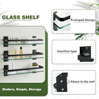 AIJALY 2 Pack Bathroom Glass Shelf, 15.7 Inches Black Bathroom Shower Glass Shelf Wall-Mounted, Metal Storage Floating Kitchen Shelf - color: Black 2 Pack