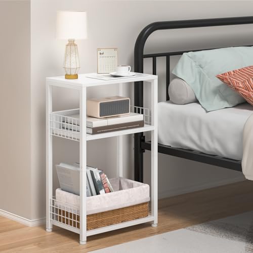 LELELINKY White Side Table with Storage, Small End Table Printer Stand for Small Spaces, Record Player Stand with Vinyl Storage, Sofa Night Stands for Living Room Bedroom - color: White, style: Upgraded