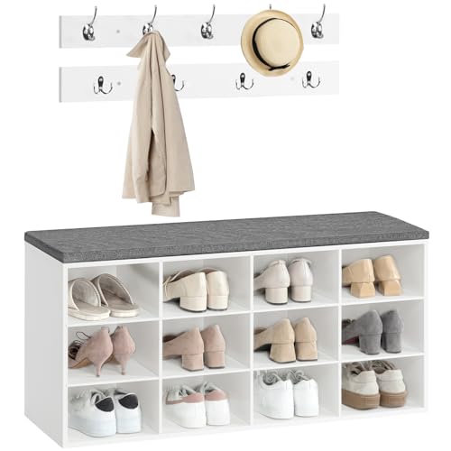 HOOBRO Shoe Storage Bench with Cushion, 39.4" L Entryway Bench with 12 Cubbies, Entryway Hall Tree with Storage, Cubby Shoe Rack Bench with Coat Rack for Hallway, Holds up to 330 lb, White WT112HX01 - color: White + Gray