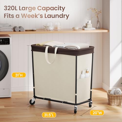 320L Laundry Basket with Wheels, 3-Section Rolling Hamper for Laundry, Extra Large Laundry Hamper with Wheels, Clothes Hamper Rolling Laundry Basket for Home, Bathrooms and Dorm(Beige) - color: Beige-3 Section, size: 320L