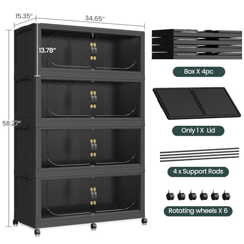 240GAL Plastic Storage Bins with Lid, 960QT Extra Large Stackable Closet Organizers and Storage, Collapsible Storage Boxes with Wheels, Folding Cabinet for Home Kitchen Office, 4Pack Black - color: 60Gal-Black, style: 4Pack