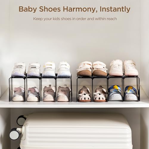 HBlife Black Acrylic Kids Shoe Rack for Closet Organizers and Storage, Small Shoe Rack 4 Sections Toddler Baby Shoe Storage Organizer Stackable Shoe Shelf,Desk File Sorter Book Purse Organizer(2 Pack) - color: Black, size: 2 Pack