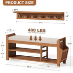 PETKABOO 39.4" Shoe Bench with Coat Rack Hidden Drawer and Side Holder, 2 Tier Entryway Bench with Storage, Bamboo Shoe Rack with Cushion for Entryway Hallway Living Room Bedroom - size: 39.4 in with Hook