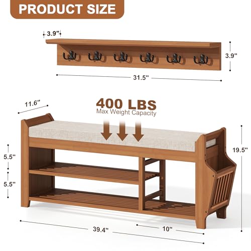 PETKABOO 39.4" Shoe Bench with Coat Rack Hidden Drawer and Side Holder, 2 Tier Entryway Bench with Storage, Bamboo Shoe Rack with Cushion for Entryway Hallway Living Room Bedroom - size: 39.4 in with Hook