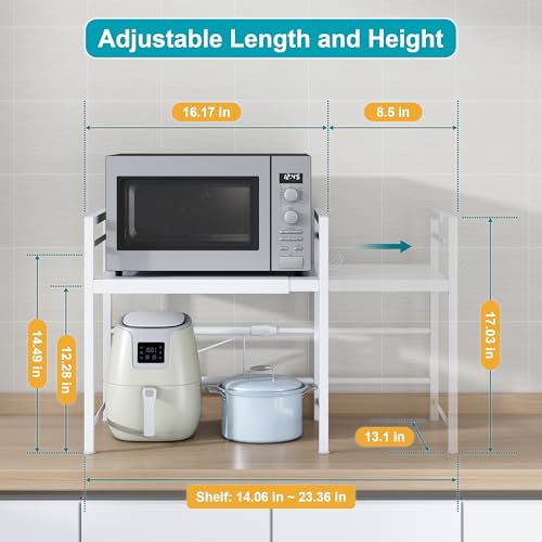 DOLALIKE Microwave Oven Rack, Expandable Microwave Stand Kitchen Countertop Organizer Utensils Storage, Carbon Steel Over Microwave Shelf with 3 Hooks (White, 2 Tier) - color: White, size: 2 Tier (Without Spice Rack)