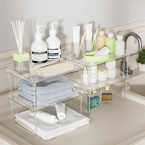 STARLATTA Acrylic Cabinet Organizer Shelf,4 Pcs Stackable Kitchen Counter Shelves,Spice Rack,Countertop Organizers,Clear Plastic Storage Organization for Makeup，Bathroom,Cupboard,Desk,Pantry - color: clear, size: 4 pack