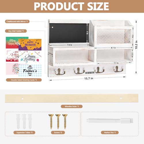Key Holder Wall Mount, Wooden Mail and Key Organizer with Chalkboard and Mirror, 3 Greeting Cards, 8 Hooks, White - color: White
