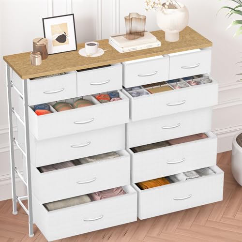 VASICAR Compact 12 Drawers Dresser for Bedroom, Fabric Storage Tower, Chest of Drawers with Retro Wood Top for Closet, Nursery, Living Room - color: Classic White