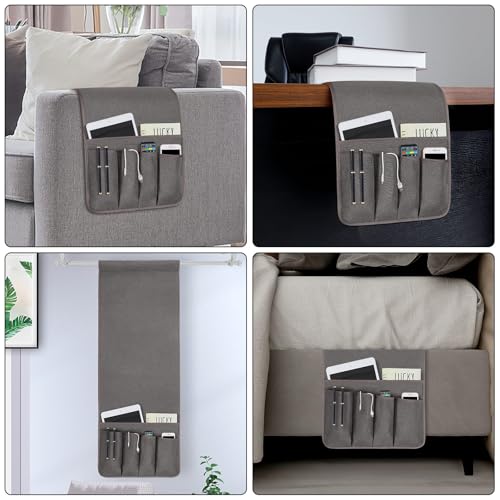 NB Remote Control Holder，Bedside & Armchair & Couch Caddy with Non-Slip Base，5 Pockets Oxford Fabric Bed Desk Storage Pocket for Phone Tablet Kindle Magazines，Gifts for Seniors (Dark Grey, 35"X12.4") - color: Dark Grey, size: 35"x12.4"