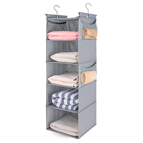 MAX Houser 5 Shelf Hanging Closet Organizer,Space Saver, Closet Hanging Shelves with (4) Side Pockets,Foldable,Light Grey - color: Lightgrey
