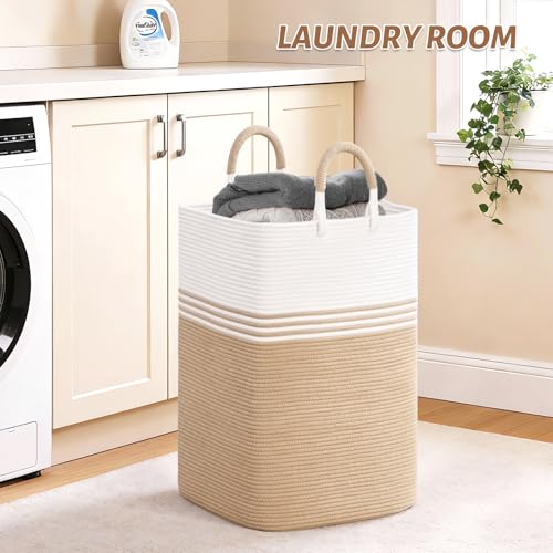 Laundry Basket Hamper,Blanket Storage,Dirty Clothes Hamper with Swivel Handles,Woven Cotton Rope Toy Baskets,Blanket Basket Living Room,Decorative Hampers for Nursery,Bedroom,White & Brown,60L - color: White & Brown, size: 60L