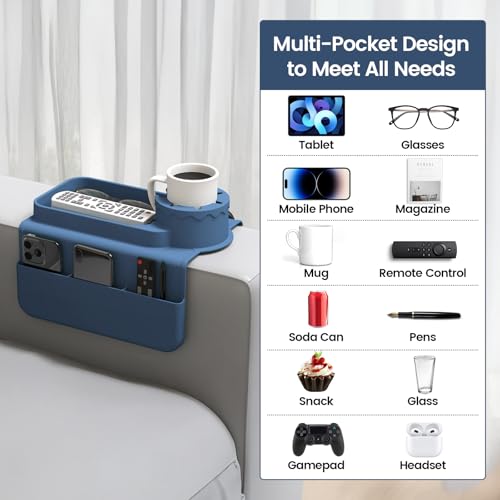 Couch Cup Holder Tray, Silicone Sofa Armrest organizer with Assesory Side Pockets for storage Remote, Cell-phone,Tablet or Snack, Anti-Spill and Anti-Slip Couch Drink Holder Caddy(Blue) - color: Blue