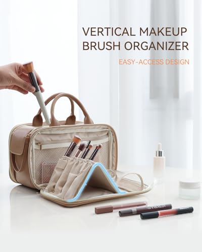 Prite Makeup Bag for Women, Large Capacity Waterproof Travel Cosmetic Organizer, Portable Open Flat Toiletry Bag with Free-standing Brush Holder and Handle(Beige Brown Large) - color: Beige-Brown, size: Large