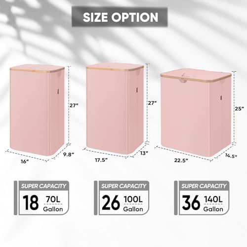 BALEINE Laundry Hamper with Lid, Tall Laundry Baskets with Bamboo Pull Handles, Large Laundry Bin with Internal Support (18 Gal/70L, Pink) - color: Pink, size: 70 liters
