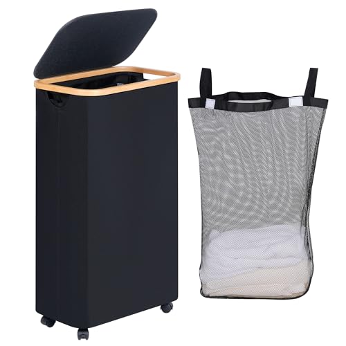 efluky Slim Laundry Basket with Wheels, Narrow Rolling Laundry Hamper with Lid and Removable Bag, Aesthetic Dirty Clothes Hamper on Wheels for Laundry Room, Bedroom, Dorm and Bathroom, 75L Dark Black - color: Black, size: 75L