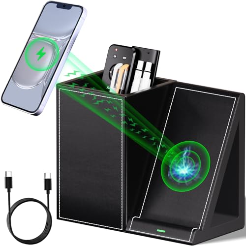 LADSTAG Pen Organizer with Phone Stand,Black Vegan Leather Desk Organizers with Remote Control Holder,Pencil Holder for Desk,Desk Organizer with Phone Charger for Office/Nightstand/Endtable - color: Black, size: S