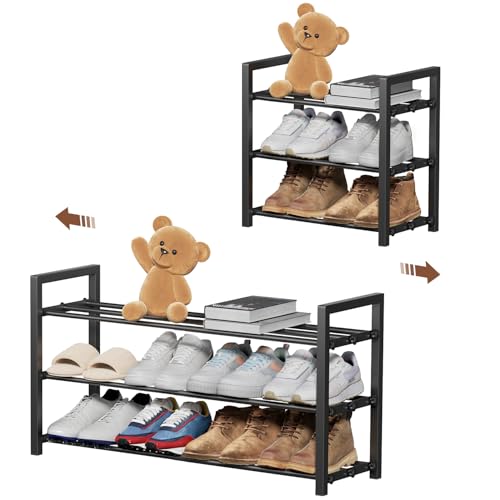 3-Tier Expandable Shoe Rack, Adjustable Shoe Shelf Storage Organizer Heavy Duty Metal Free Standing Shoe Rack for Entryway Closet Doorway (Black) - size: 3 Tier
