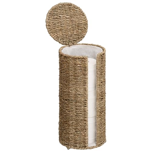 StorageWorks Seagrass Free Standing Toilet Paper Holder Stand for Bathroom, 3 Rolls of Toilet Tissue Storage with a Built-in Cloth Lining, Toilet Roll Holder Stand with Lid - color: Natural（seagrass）, size: 6¾"D(For 3 Roll)
