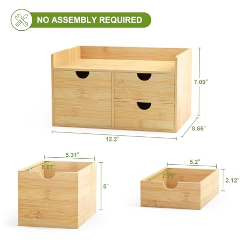Wisuce Bamboo Desk Drawer Organizer, 3 Drawer Desktop Organizer with Drawers Tabletop Storage Organization Box for Office Home Toiletries Supplies Vanity, No Assembly Required - color: 3 Drawers with shelf-L1R2, size: Small
