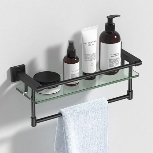 Glass Shelf for Bathroom 16 Inch Bathroom Shelves with Towel Bar, Tempered Glass Shelves with Stainless Steel Towel Holder for Wall Shelf Sink Over Toilet (Matte Black) - color: Matte Black, size: 16-inch with Railing