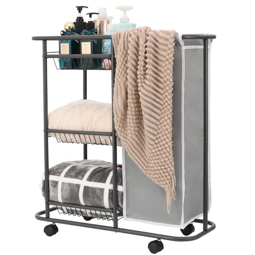Rolling Laundry Sorter with 3 Storage Baskets and 45 L Bag, 3-Tier Laundry Caddy Between Washer and Dryer,Laundry Room Organization with Wheels and Handle for Narrow Space Bathroom Apartment Dorm - color: Grey
