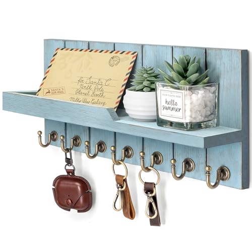 Rebee Vision Decorative Key Holder Wall Mount - Modern Farmhouse Key and Mail Holder for Wall with Shelf and 7 Key Hooks for Mail Organizer - Mid Century Aesthetic Room Decor (Distressed Blue,15-inch) - color: Distressed Blue, size: 15-inch