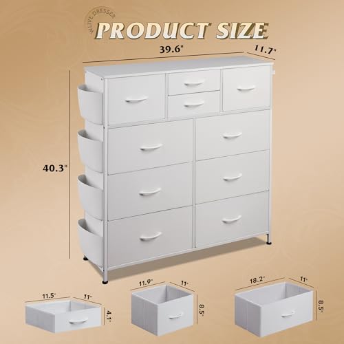 WLIVE White Dresser for Bedroom with 10 Drawers, Chest of Drawers with Side Pockets and Hooks, PU Storage Dresser, Sturdy Metal Frame, Drawers Organizer Unit for Living Room, Hallway, Closet - color: White