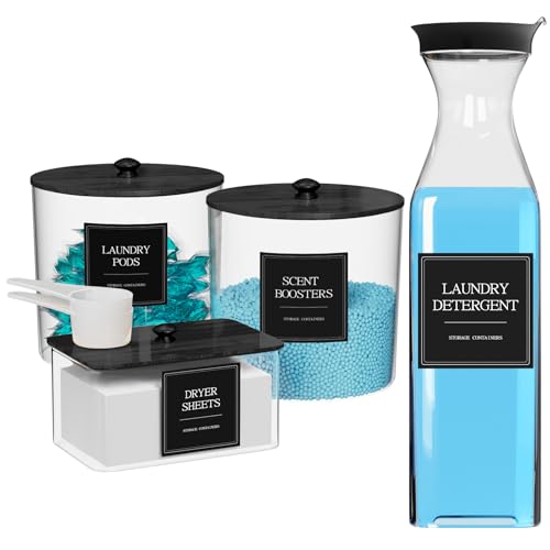 3+1 Pack Laundry Pods Containers & Dryer Sheet Holder & Laundry Detergent Dispenser, Laundry Room Organization and Storage Jars with Lids, Labels and Scoops for Scent Booster Powder Pods, Black Lid - color: Black