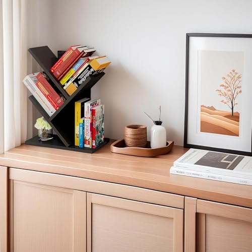 Godferyxin Tree Bookshelf, 3-Tier Wood Small Bookshelf and Mini Bookcase for Office, Home or School Desk Book Shelf for for Displaying Books, CDs, Magazines Wood Storage Rack - color: 3-tier-black Coffee