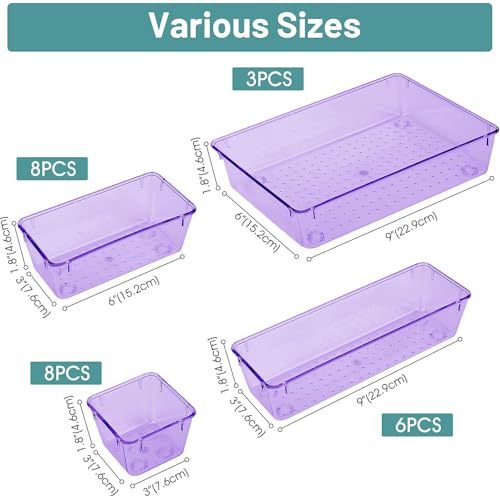 WOWBOX 25 PCS Plastic Drawer Organizer Set, Desk Drawer Divider Organizers and Storage Bins for Makeup, Jewelry, Gadgets for Kitchen, Bedroom, Bathroom, Office, Clear Purple - color: Clear Purple